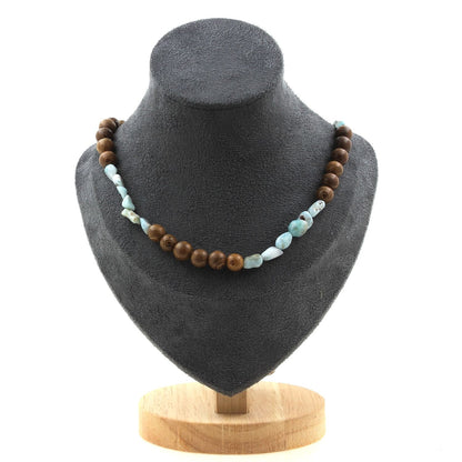 Larimar from Dominican Republic + wood 8 mm beads necklace