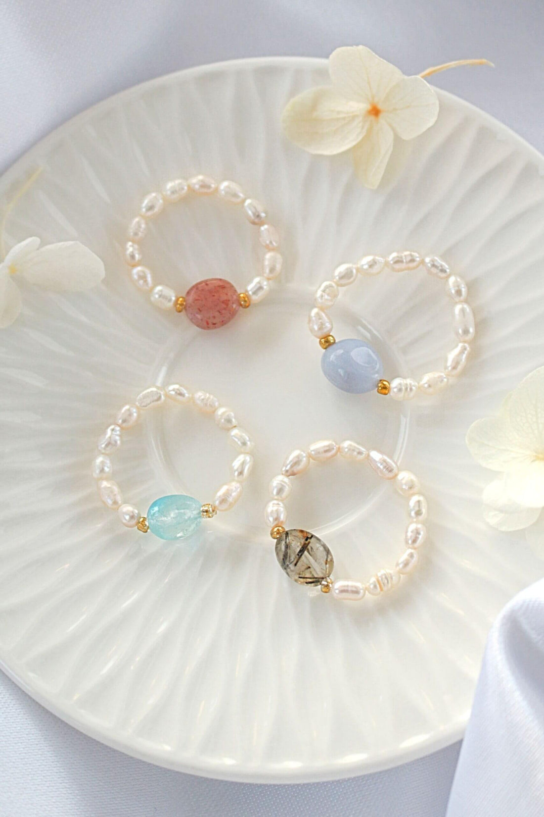 Elastic Rings with Natural Crystals &amp; Freshwater Pearls