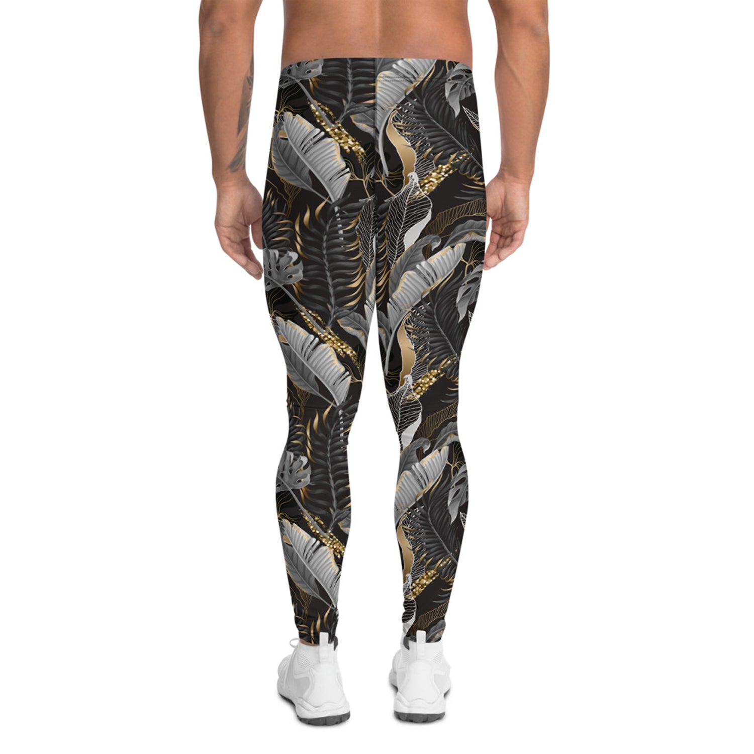 Black and Gold Palm Leaf Leggings for Men