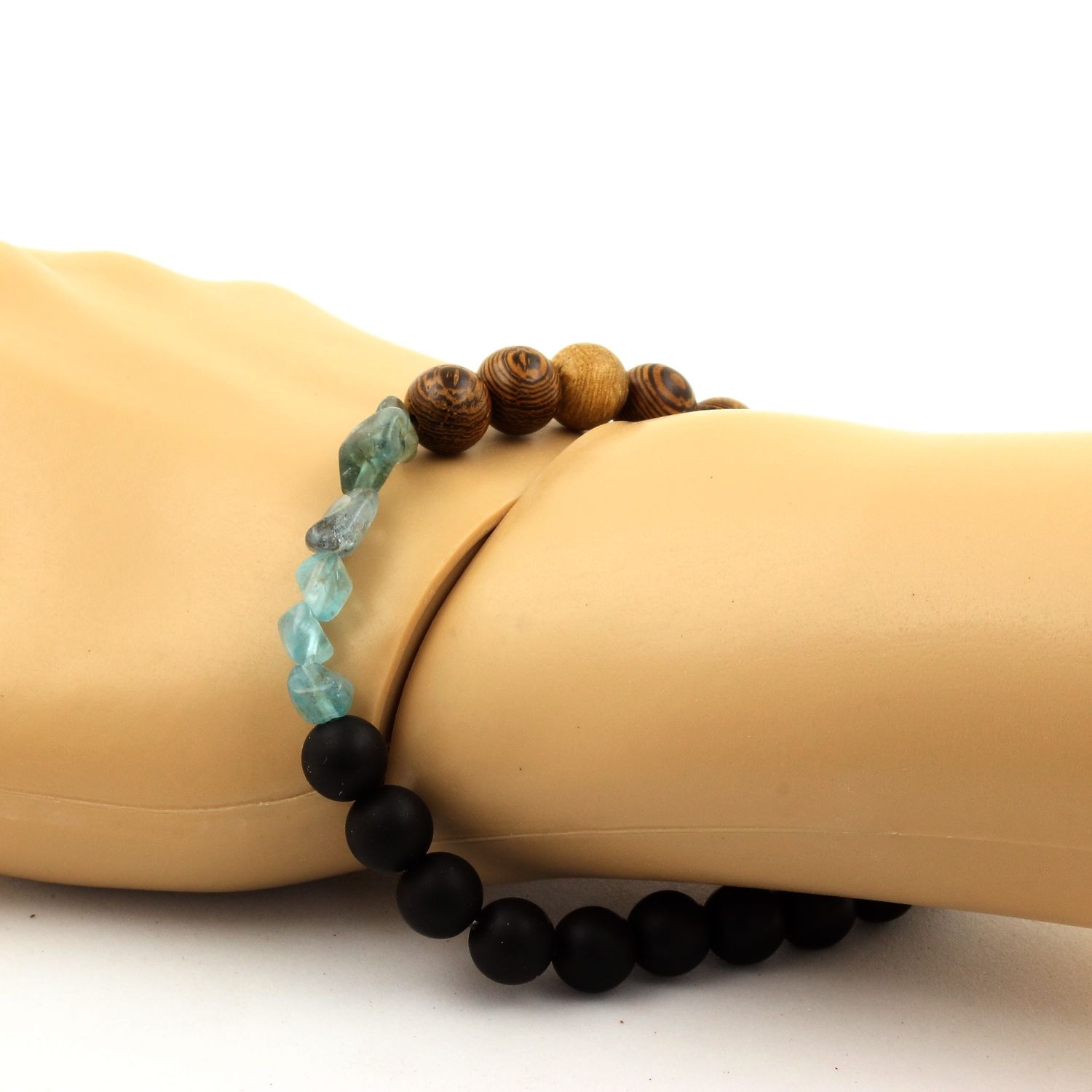 Apatite from Brazil + Matte Black Onyx + wood Bracelet 8 mm Beads.