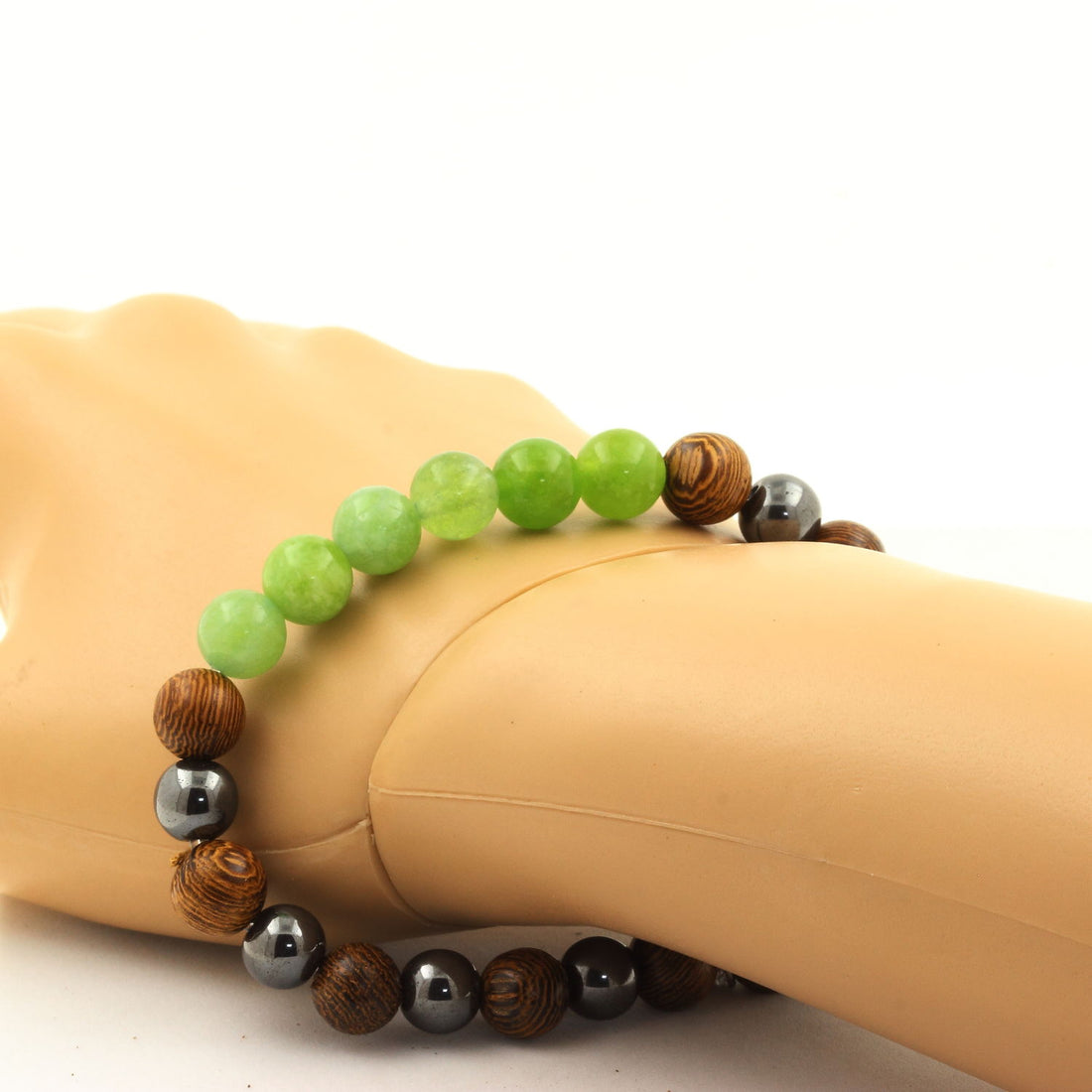 Peridot + Hematite + wood 8 mm beads Bracelet.