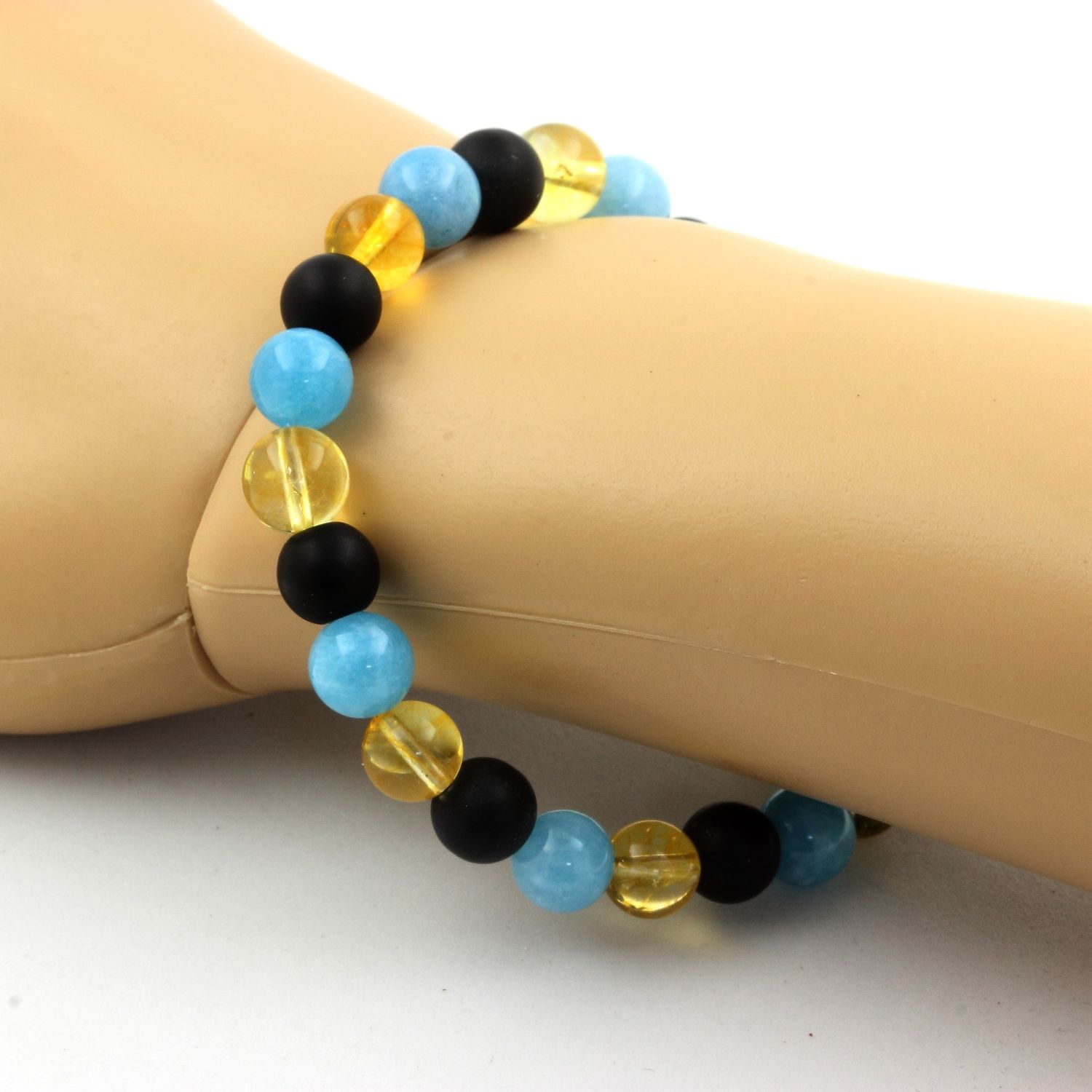 Citrine + Blue Chalcedony + Matte Black Onyx Bracelet 8 mm Beads.