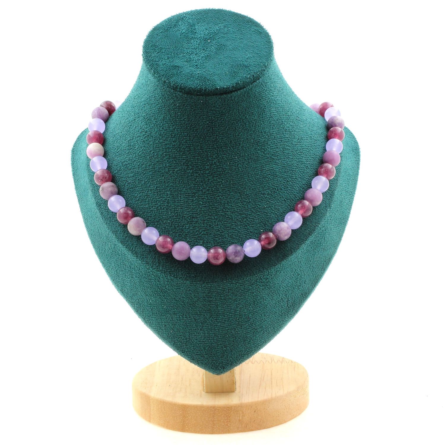 Lepidolite + Chalcedony + Mica 8 mm beads necklace.