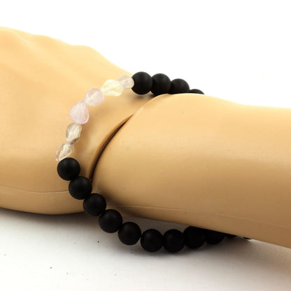 Rutile Amethyst Quartz + Matte Black Onyx Bracelet 8 mm Beads.