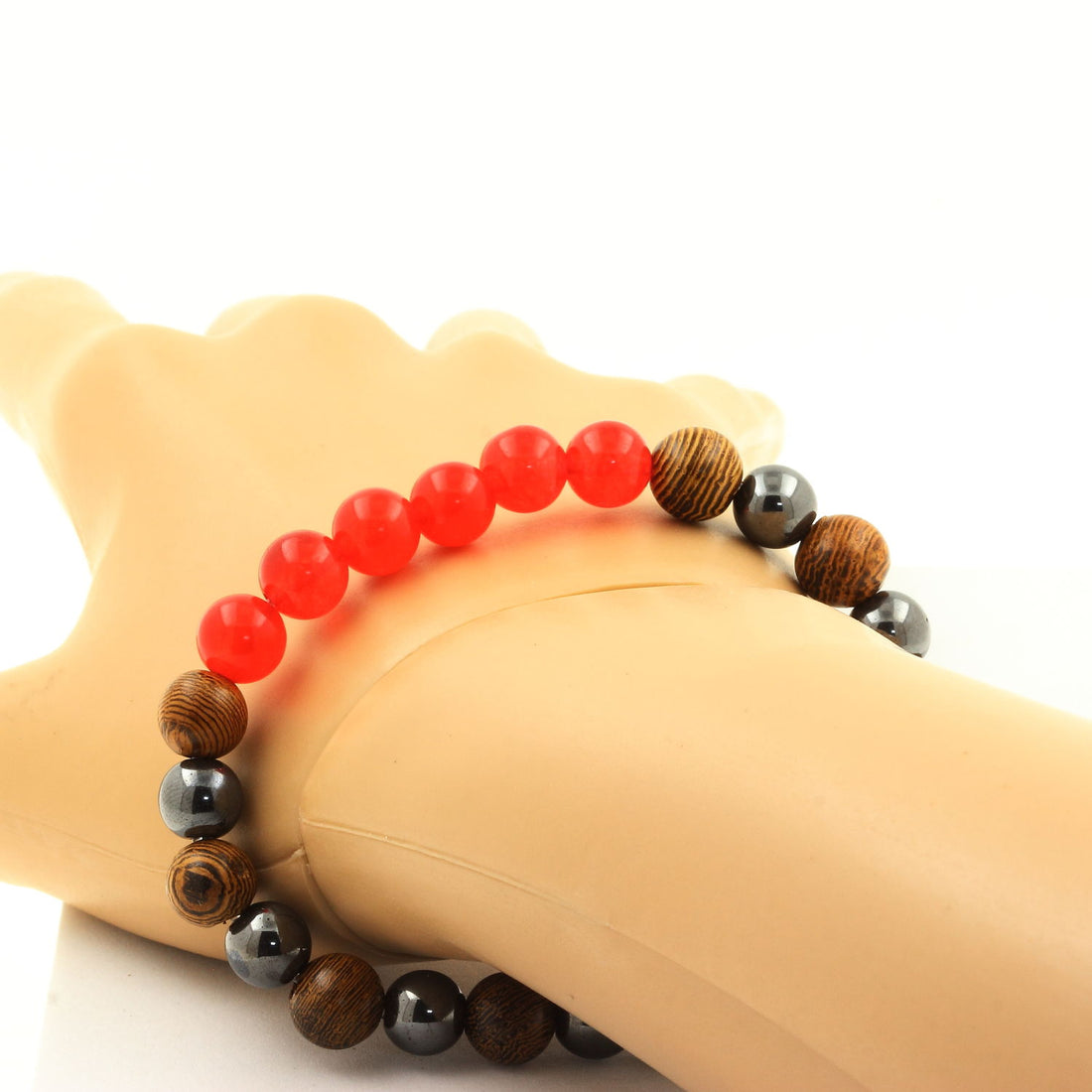 Red Chalcedony + Hematite + wood 8 mm beads Bracelet.