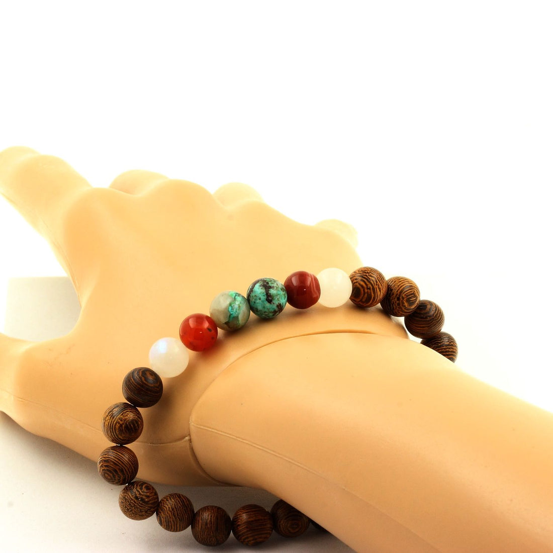 Chrysocolla from Namibia + Banded Agate + Moonstone + wood Bracelet