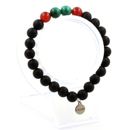 Malachite + Red Agate + Matte Black Onyx Bracelet 8 mm Beads.