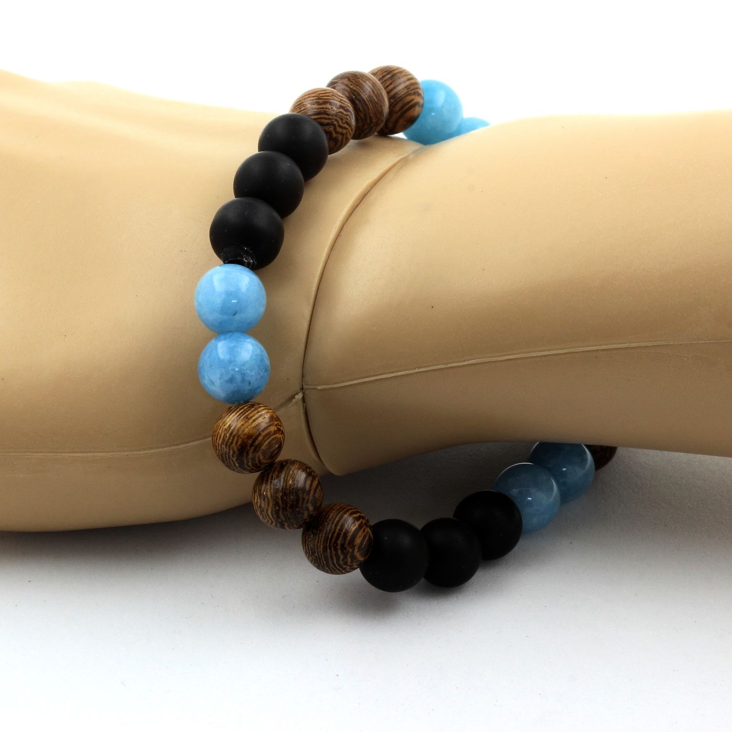 Blue Chalcedony + Matte Black Onyx + Wood Bracelet 8 mm Beads.