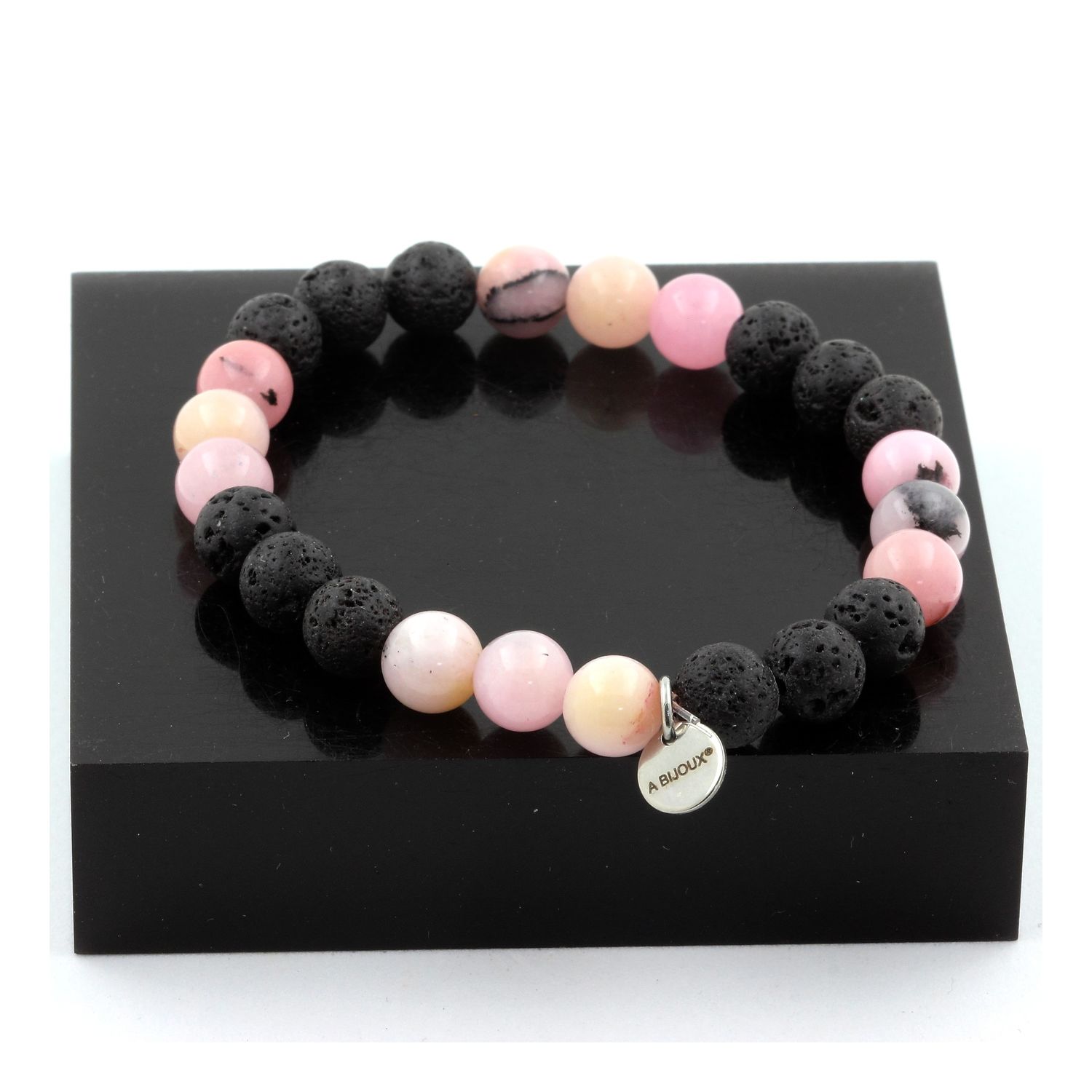 Pink Opal + Lava Bracelet 8 mm Beads.