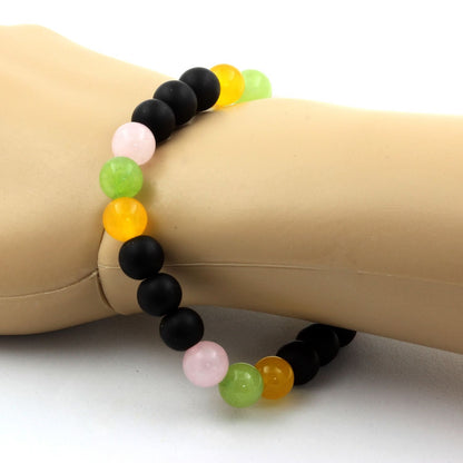 Pink Quartz + Yellow Agate + Peridot + Matte Black Onyx Bracelet