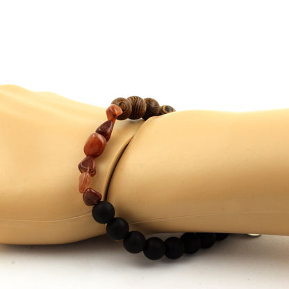 Red rutilated Quartz + Matte Black Onyx + wood Bracelet 8 mm Beads.