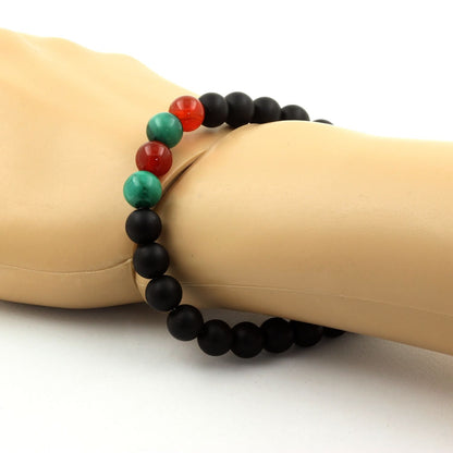 Malachite + Red Agate + Matte Black Onyx Bracelet 8 mm Beads.