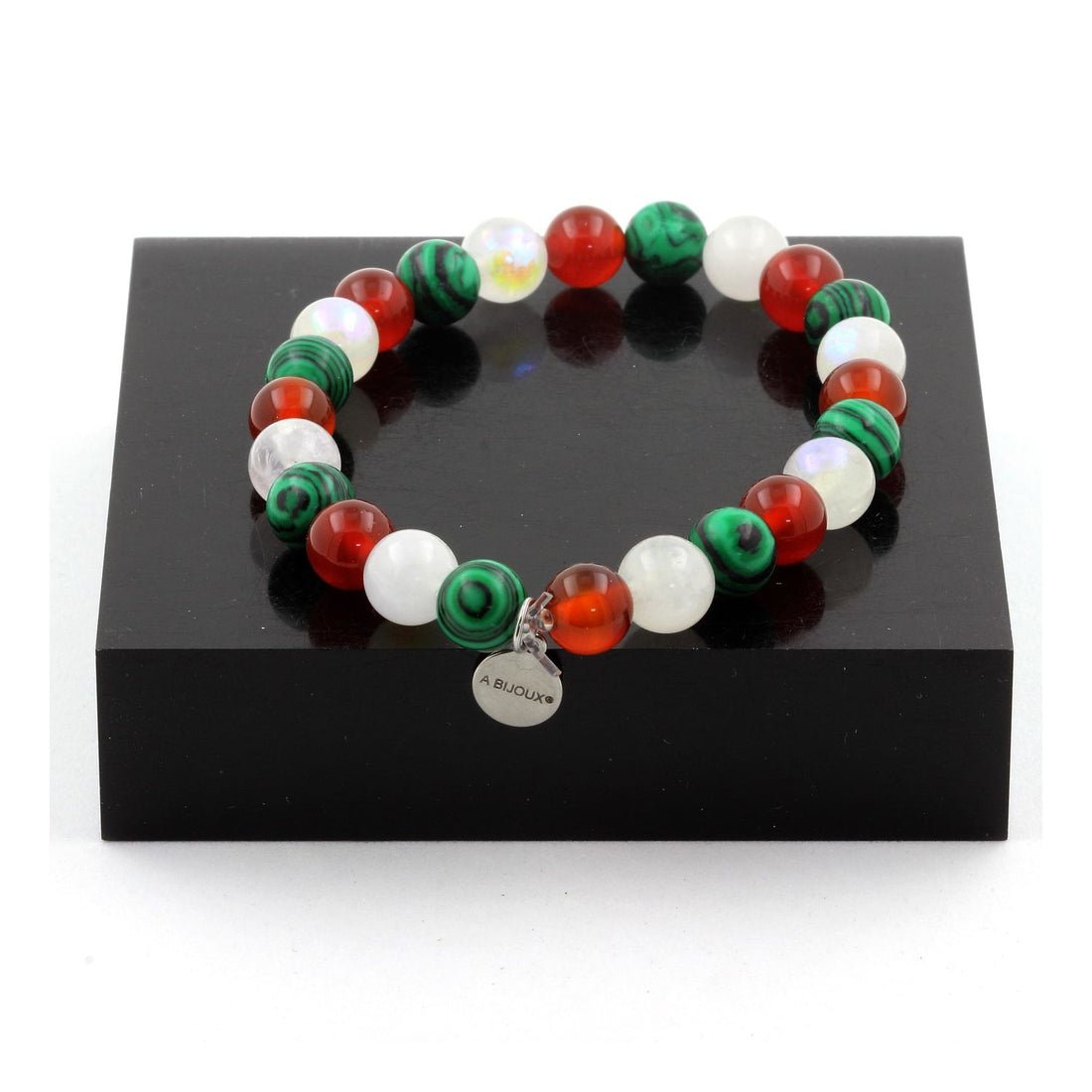 Red Agate + Moonstone + Malachite Bracelet 8 mm Beads.