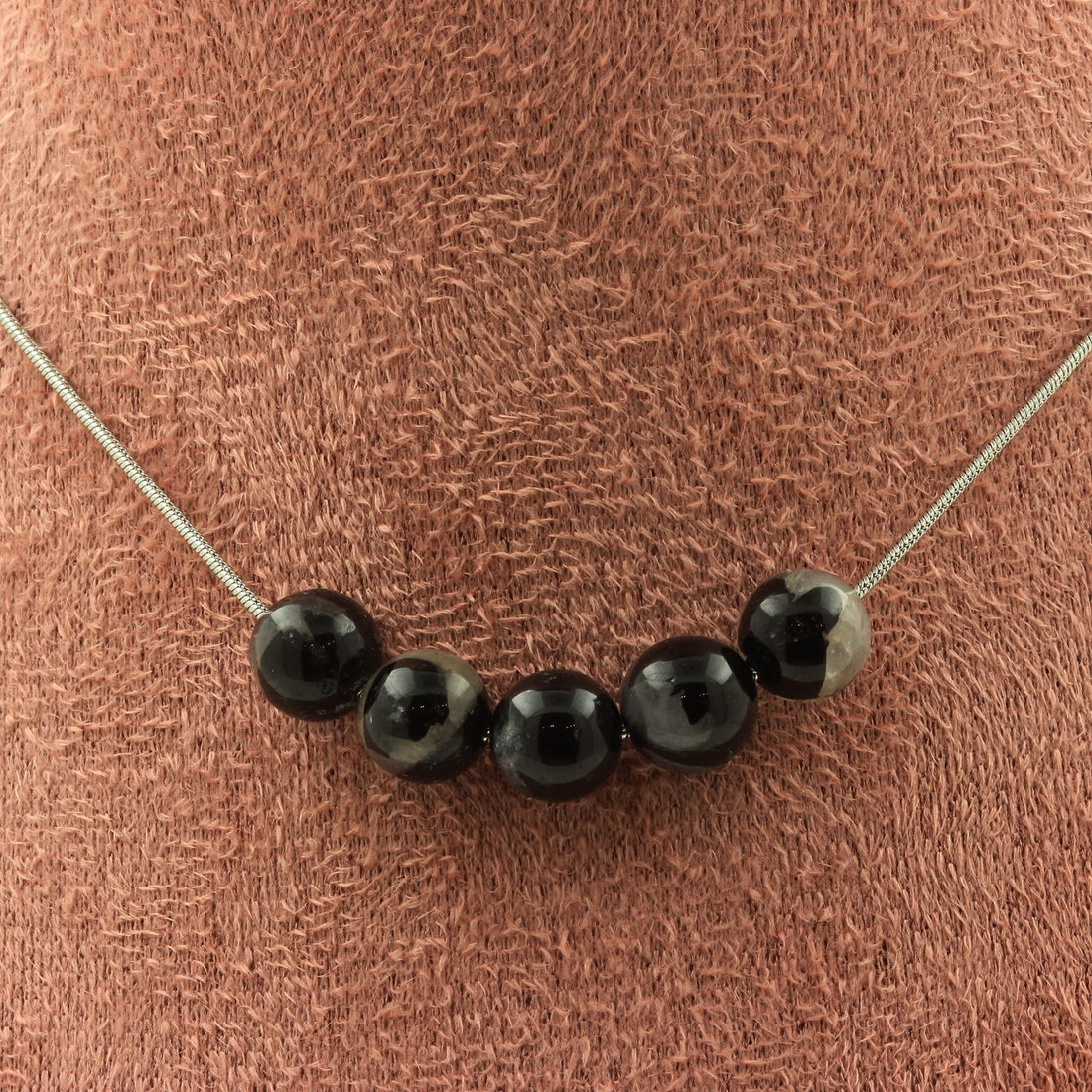 Schorl Tourmaline from Brazil 8 mm 5 beads necklace.