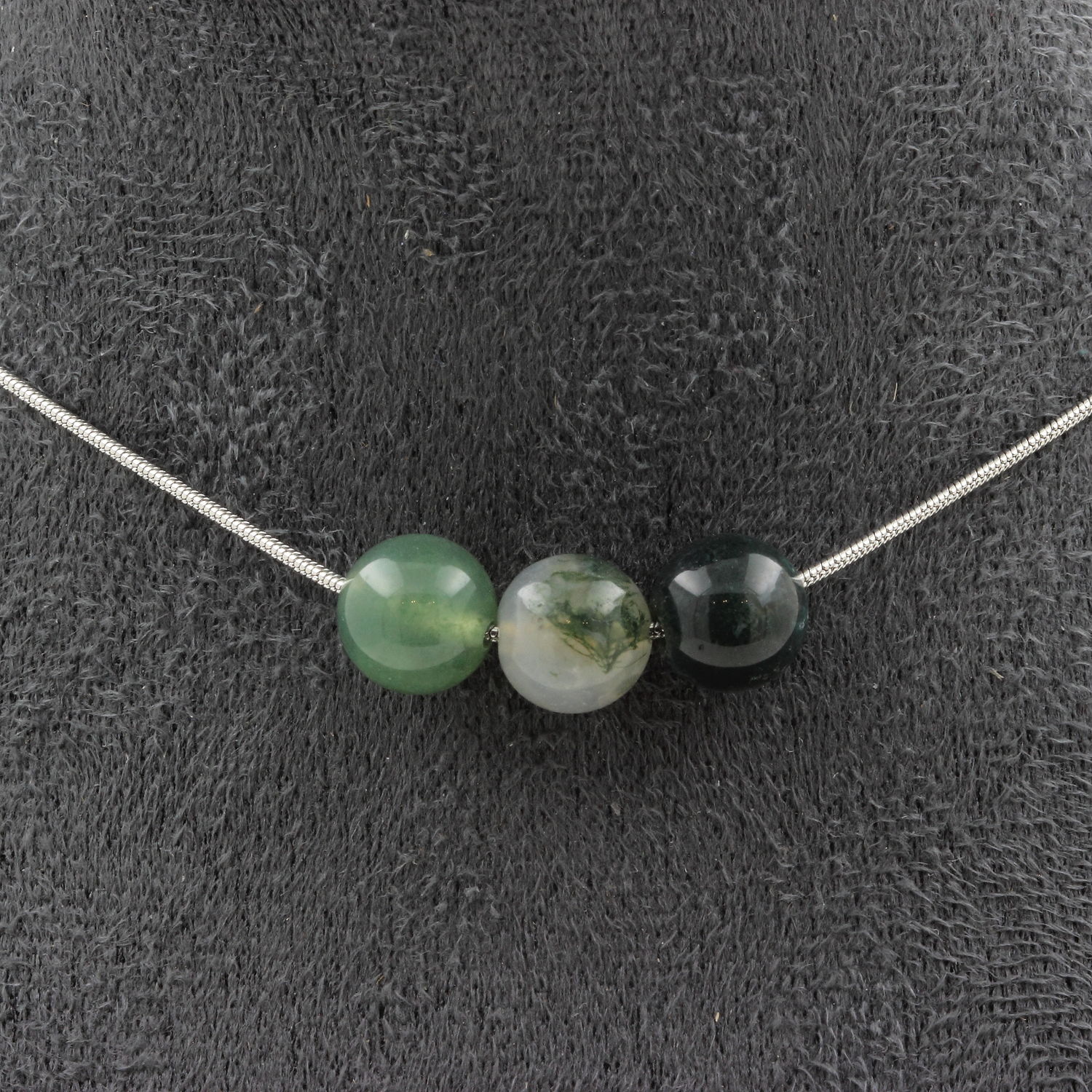 Moss Agate 3 beads 8 mm necklace.