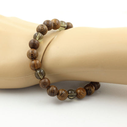 Smoky Quartz + wood Bracelet 8 mm Beads.