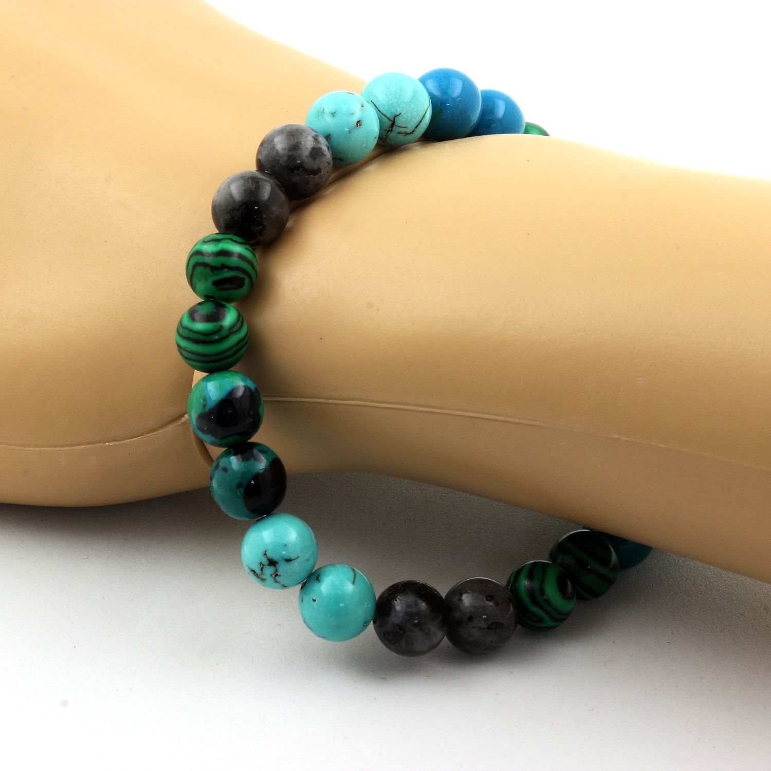 Labradorite + Chrysocolla + Turquoise + Malachite Bracelet 8 mm Beads.