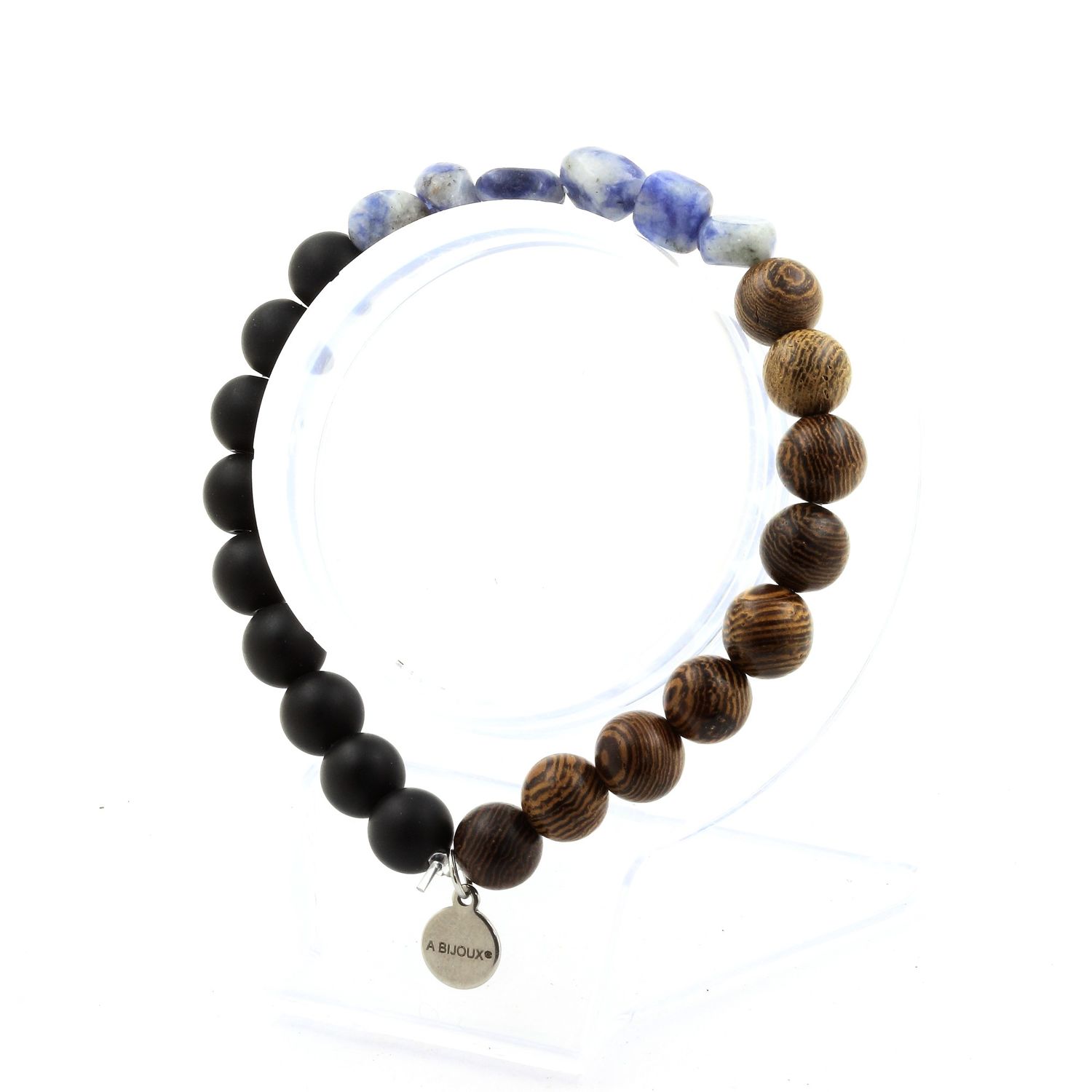 Blue Jasper + Matte Black Onyx + Wood 8 mm beads Bracelet.