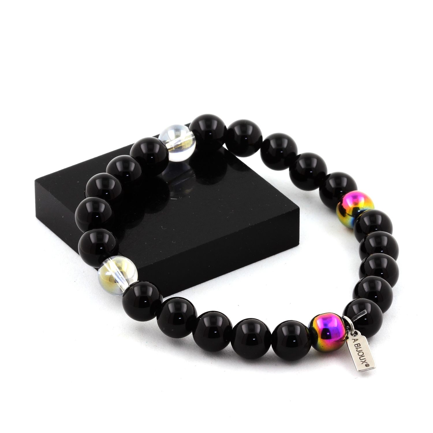 Black Agate + Titanium Quartz + Multicolor Hematite Bracelet