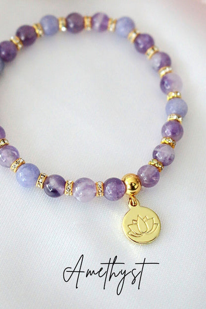 Rose Quartz – Amethyst Elastic Bracelet | 24K Lotus Flower Charm