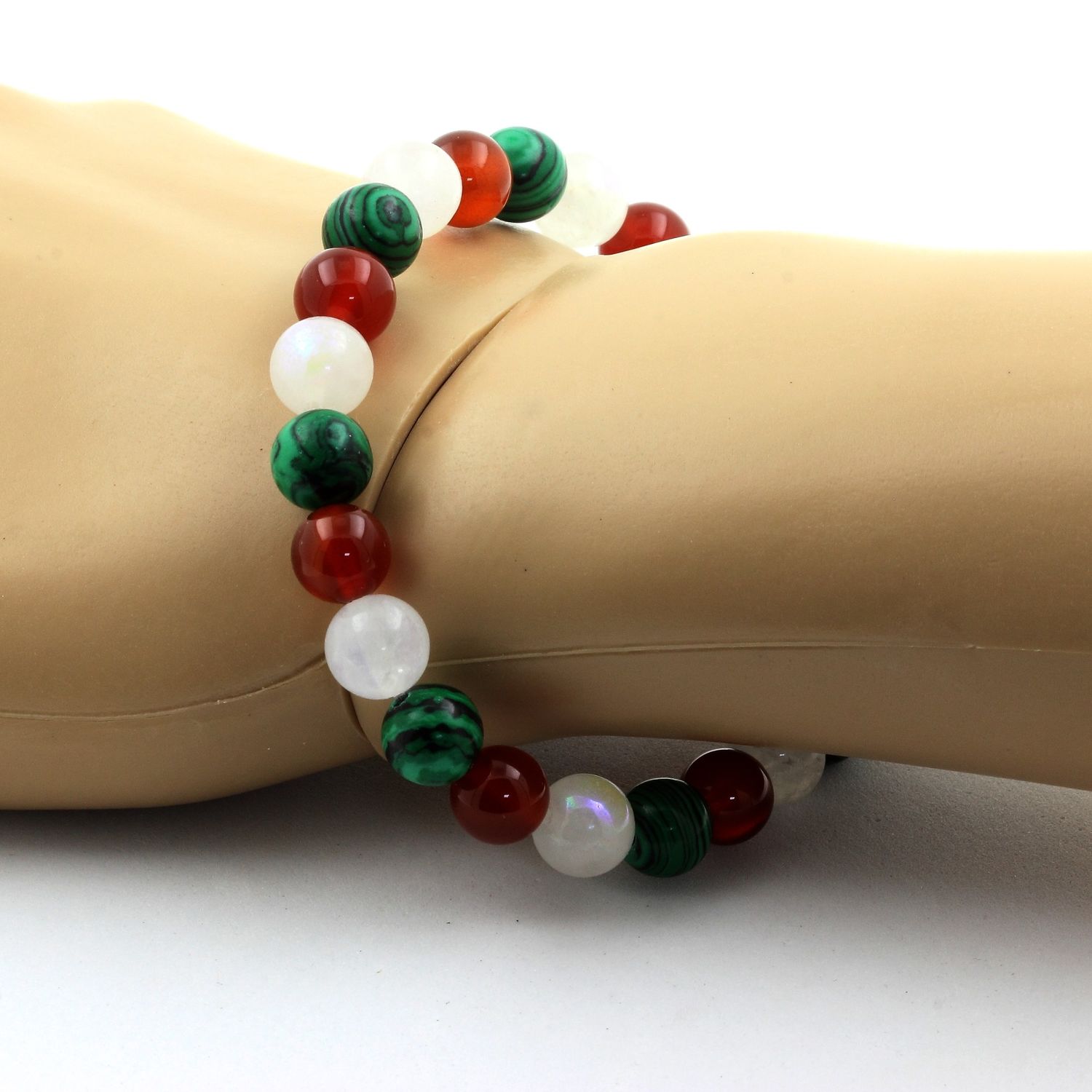 Red Agate + Moonstone + Malachite Bracelet 8 mm Beads.