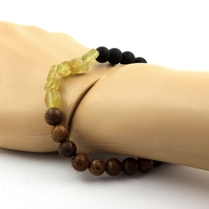 Yellow Apatite + Matte black Onyx + wood Bracelet 8 mm Beads.