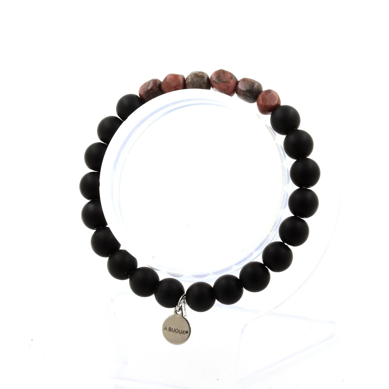 Rhodochrosite from Brazil + Matte Black Onyx Bracelet 8 mm Beads.