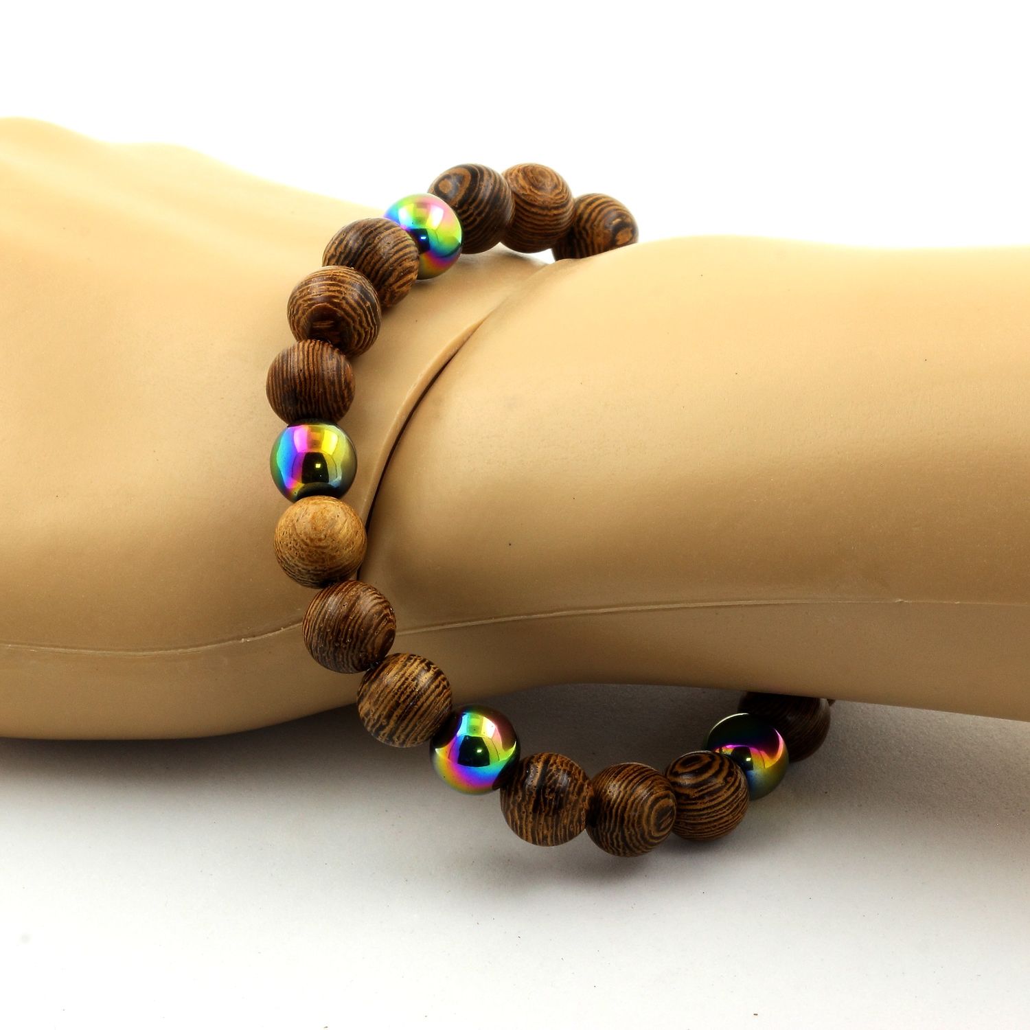 Multicolor hematite + wood Bracelet 8 mm Beads.