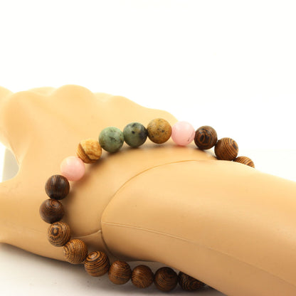 African Turquoise + Pink Opal + Landscape Jasper + wood Bracelet 8 mm