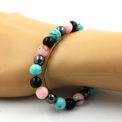 Black Obsidian + Hematite + Pink Opal + Turquoise Bracelet 8 mm Beads.