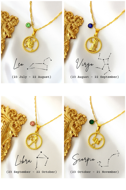 18K Zodiac Sign and Birthstone Necklace