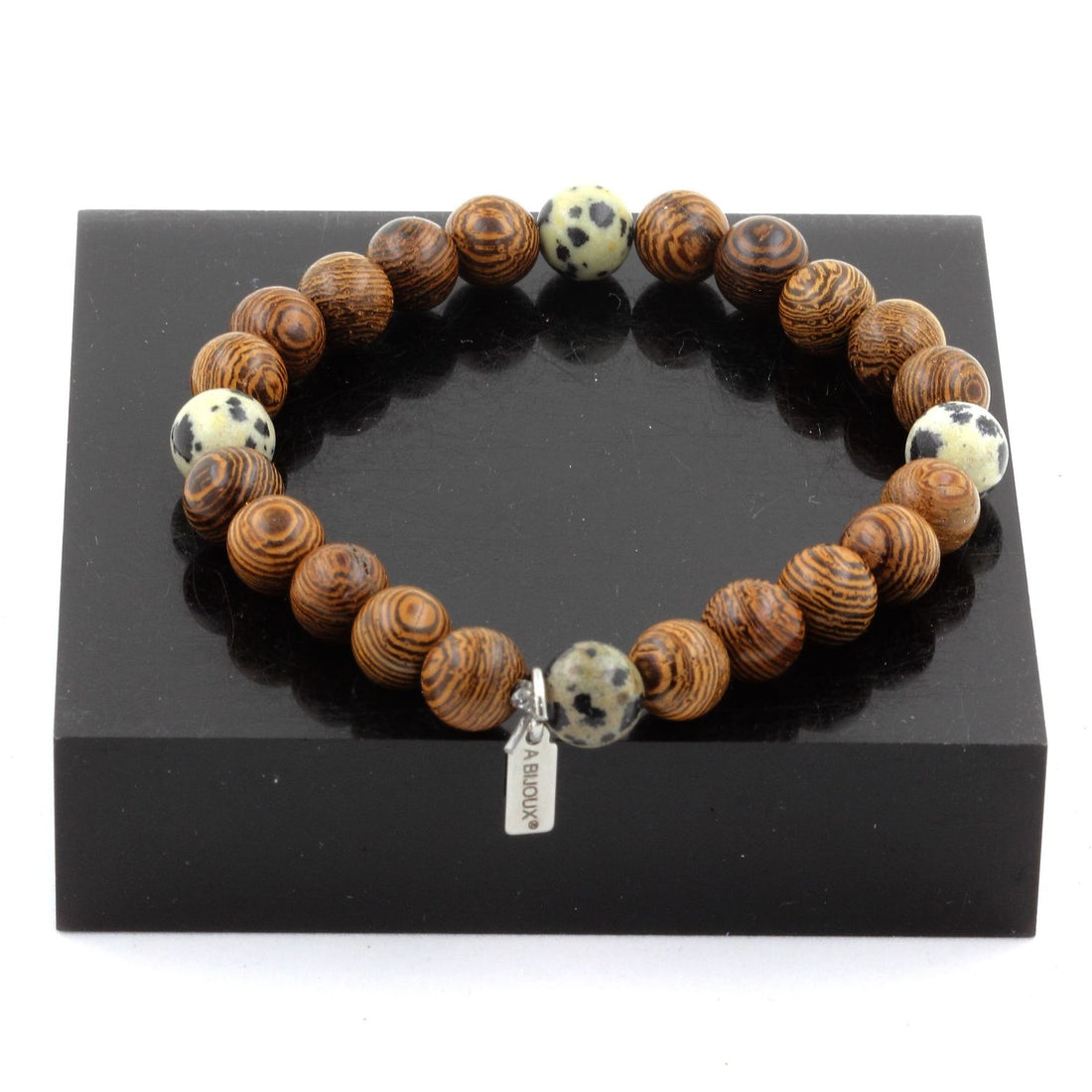 Dalmatian Jasper + wood Bracelet 8 mm Beads.