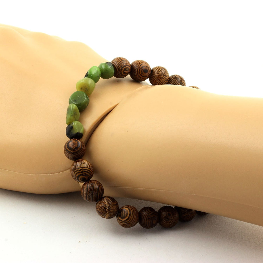 Nephrite Jade from Xiuyan China + wood Bracelet 8 mm Beads.