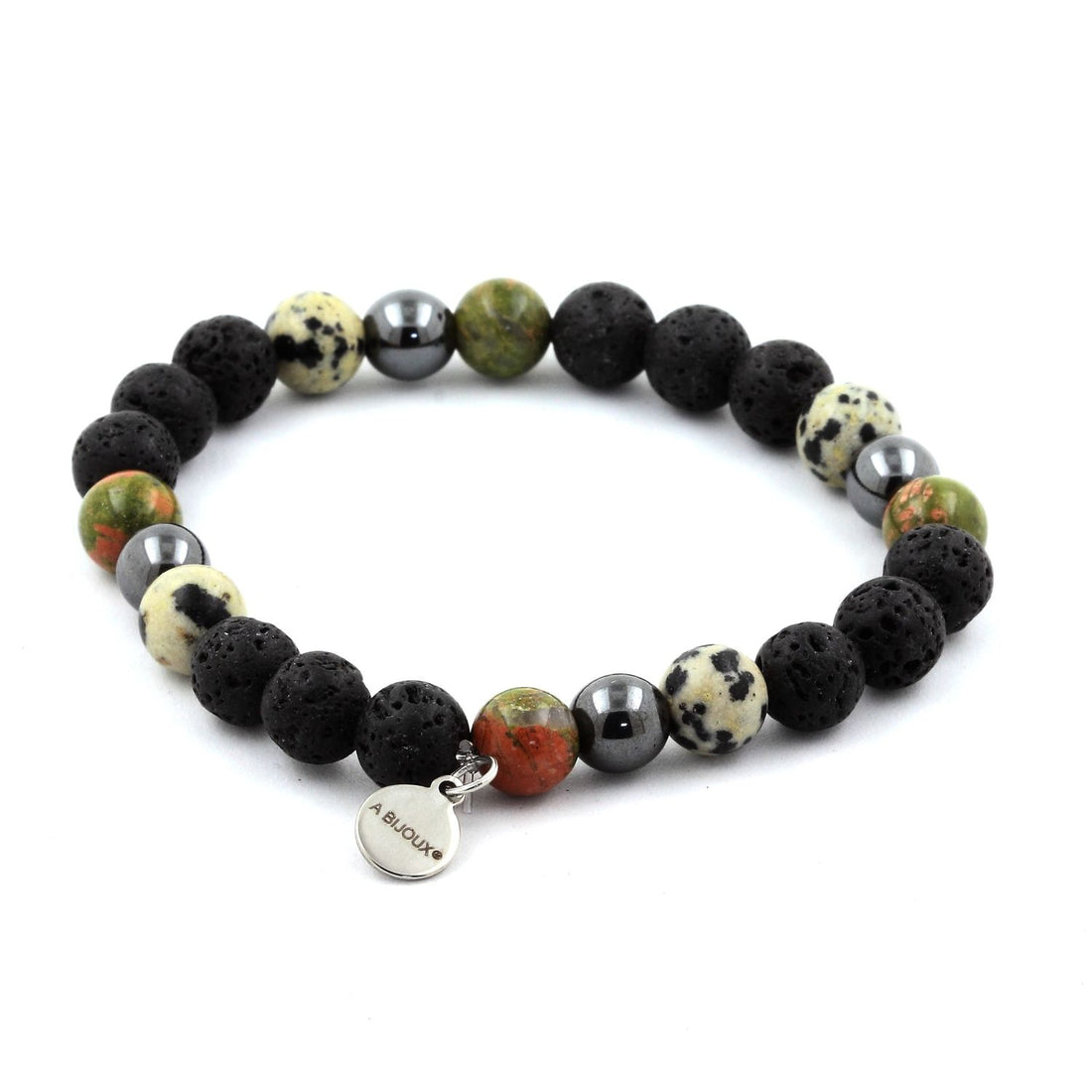 Dalmatian Jasper + Unakite + Hematite + Lava Bracelet 8 mm Beads.