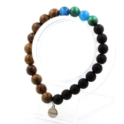 Malachite + Apatite + Matte Black Onyx + Wood Bracelet 8 mm Beads.