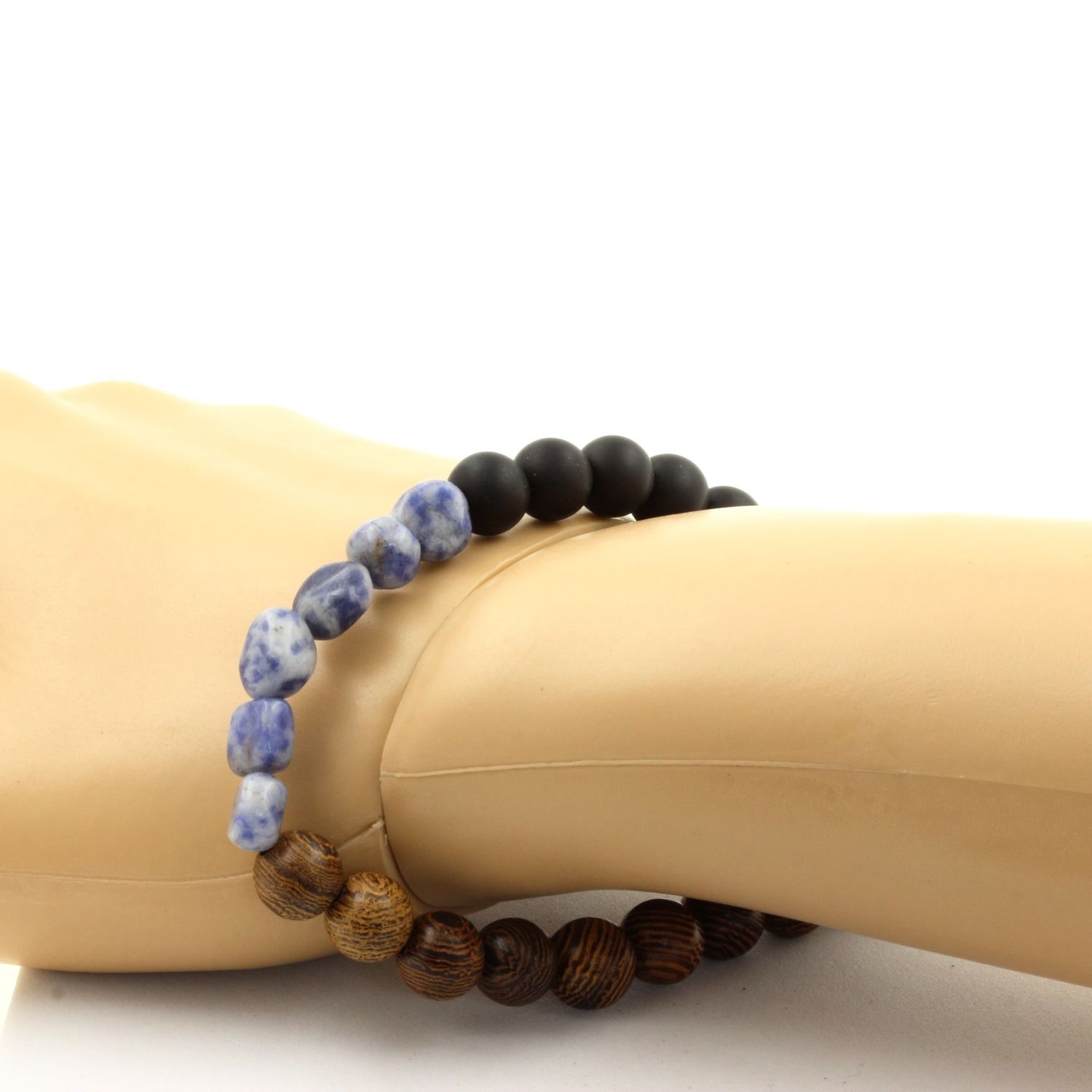 Blue Jasper + Matte Black Onyx + Wood 8 mm beads Bracelet.