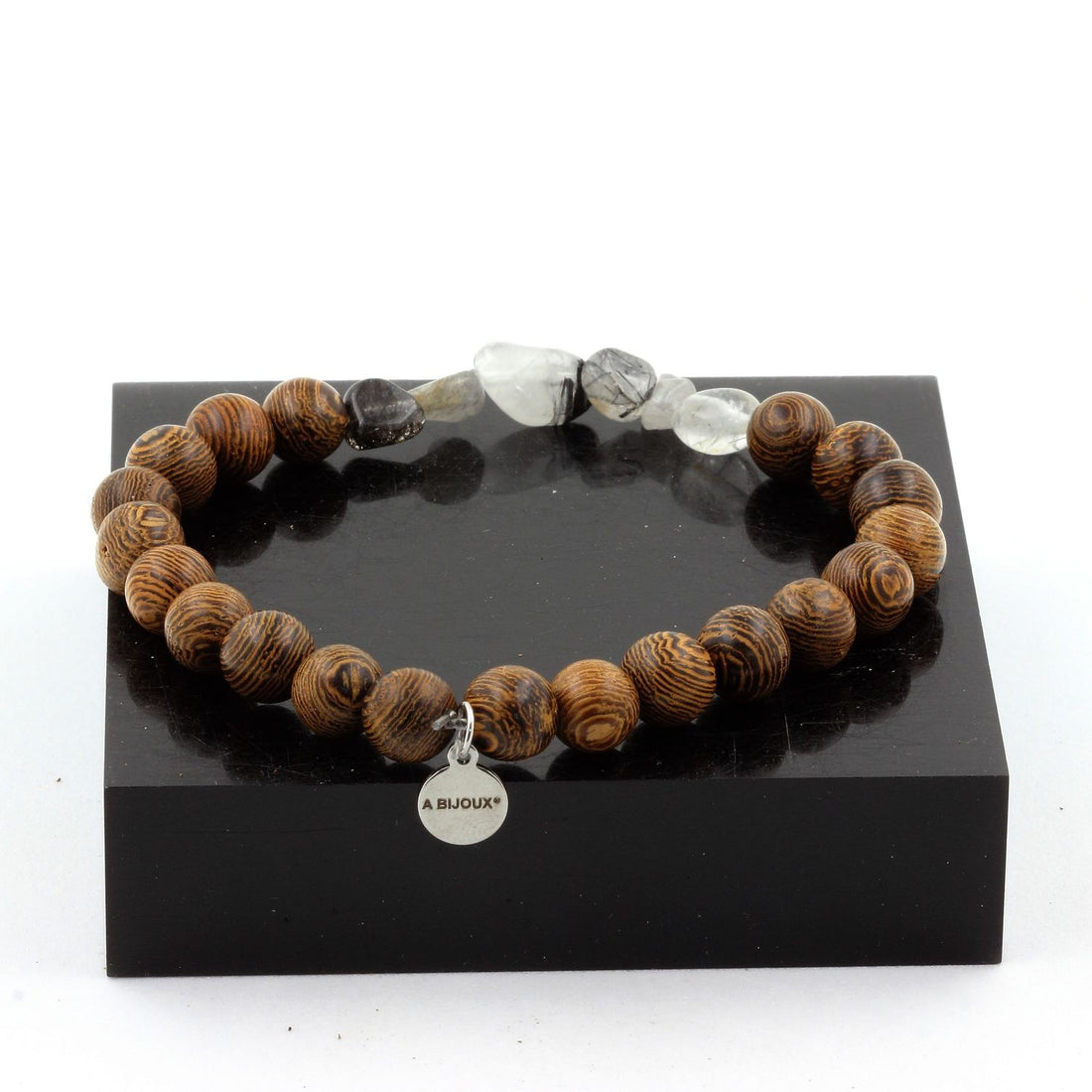 Quartz with Tourmaline inclusions + wood Bracelet 8 mm Beads.