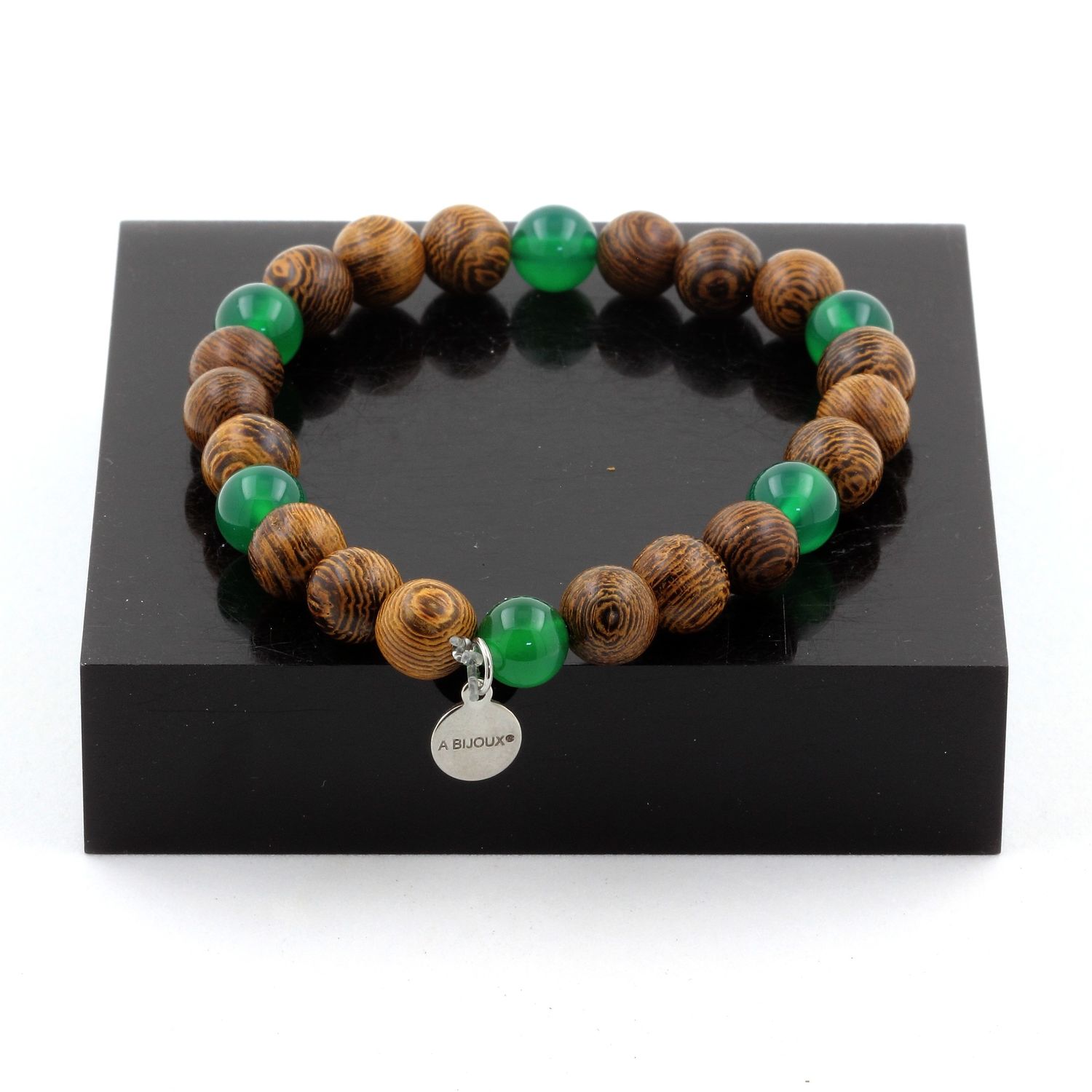 Green agate + wood Bracelet 8 mm Beads.