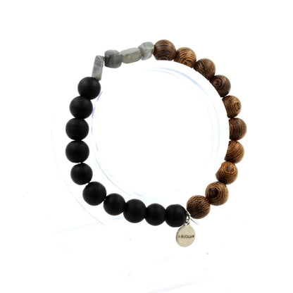 Labradorite + Matte Black Onyx + wood Bracelet 8 mm Beads.