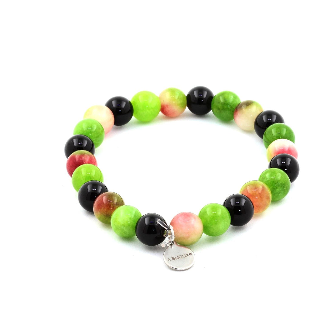 Watermelon Tourmaline + Black Agate + Peridot Bracelet 8 mm Beads.