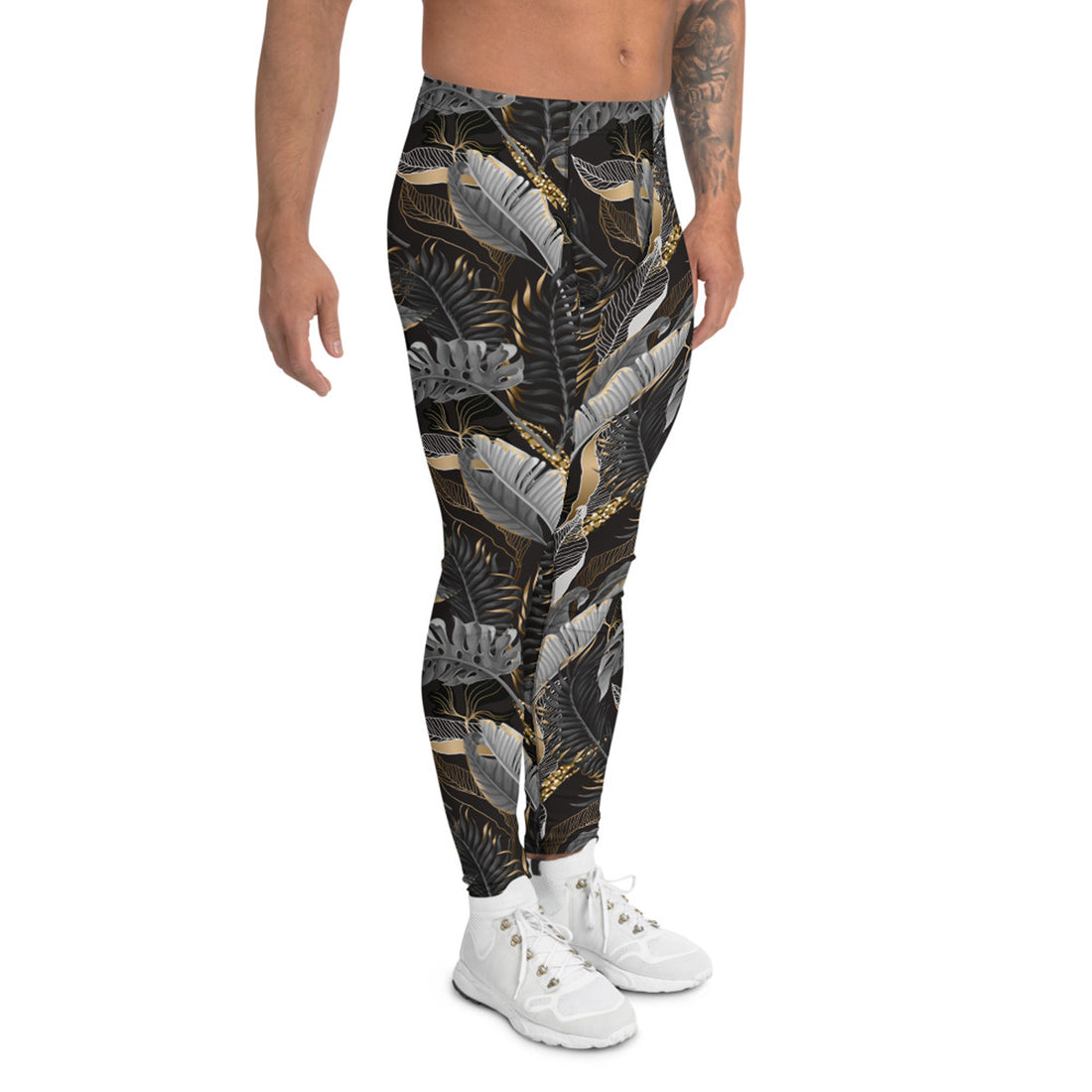 Black and Gold Palm Leaf Leggings for Men