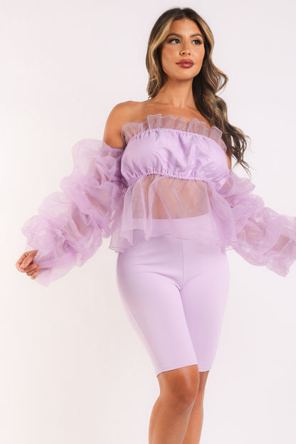 Sexy Organza Sleeve Detailed Top &amp; Matching Shorts 2 Piece Set lavndr
