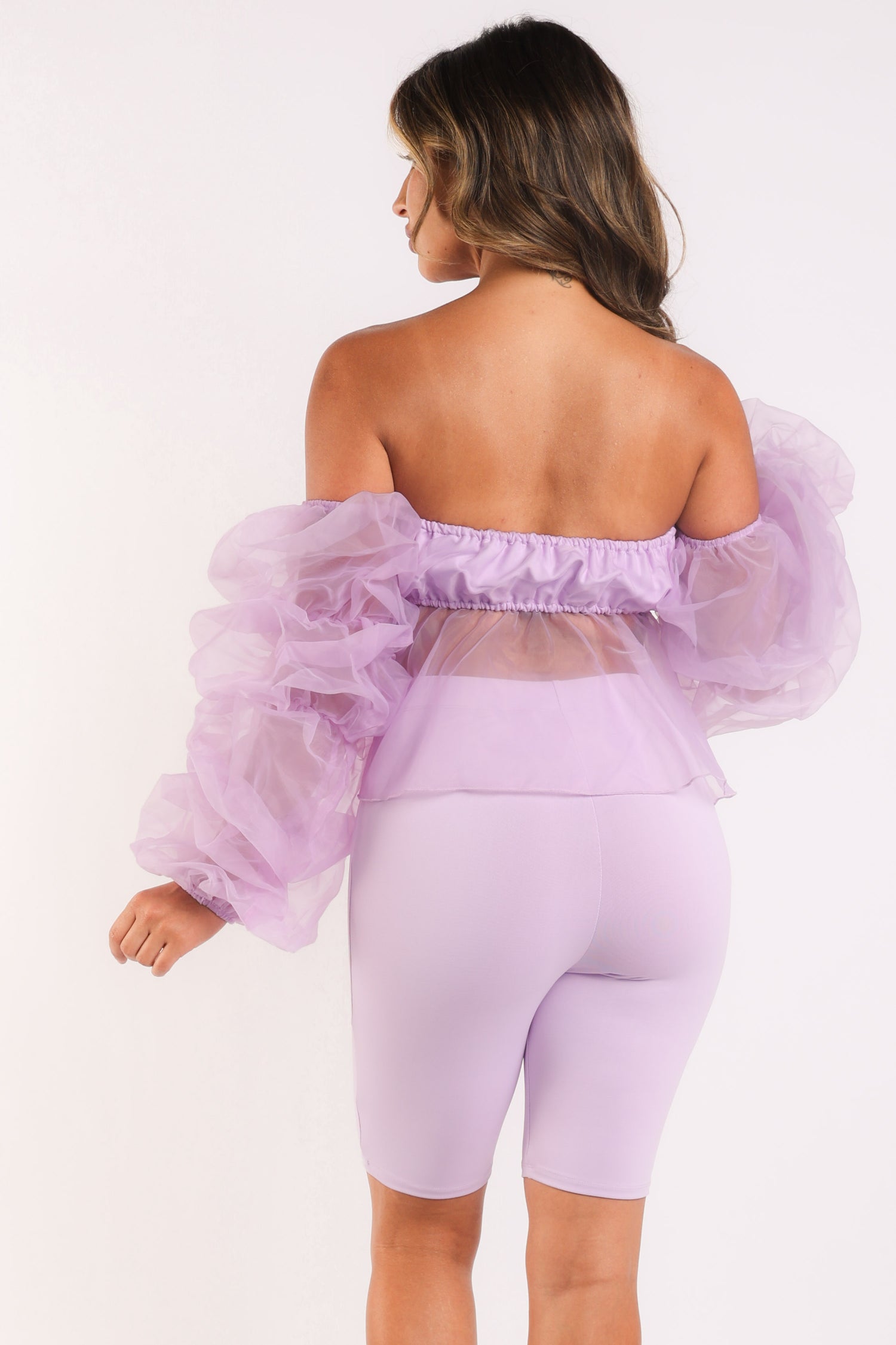 Sexy Organza Sleeve Detailed Top &amp; Matching Shorts 2 Piece Set lavndr