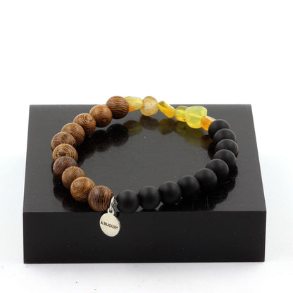 Yellow Opal + Matte black Onyx + wood Bracelet 8 mm Beads.