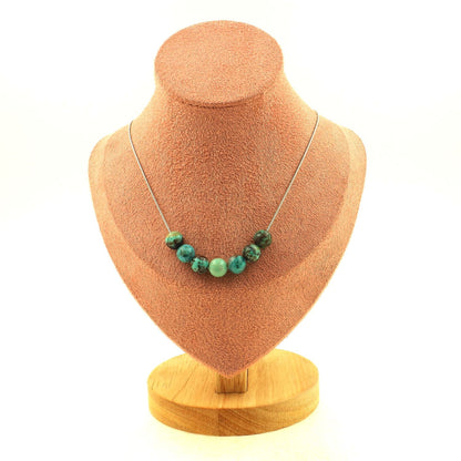 Chrysocolla + Bicolor Tourmaline + Agate 8 mm 7 beads necklace.