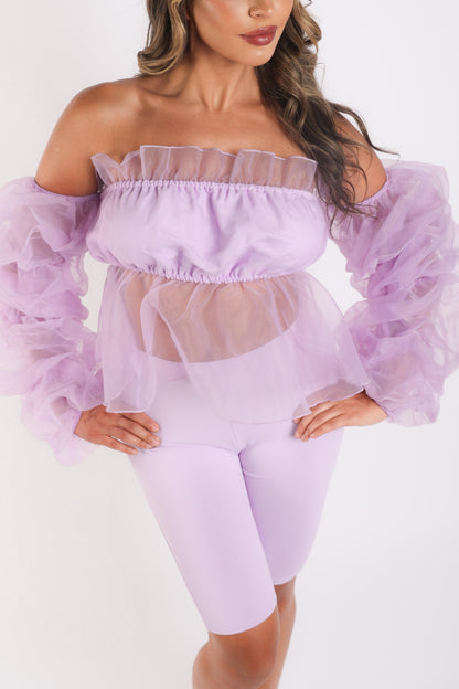 Sexy Organza Sleeve Detailed Top &amp; Matching Shorts 2 Piece Set lavndr