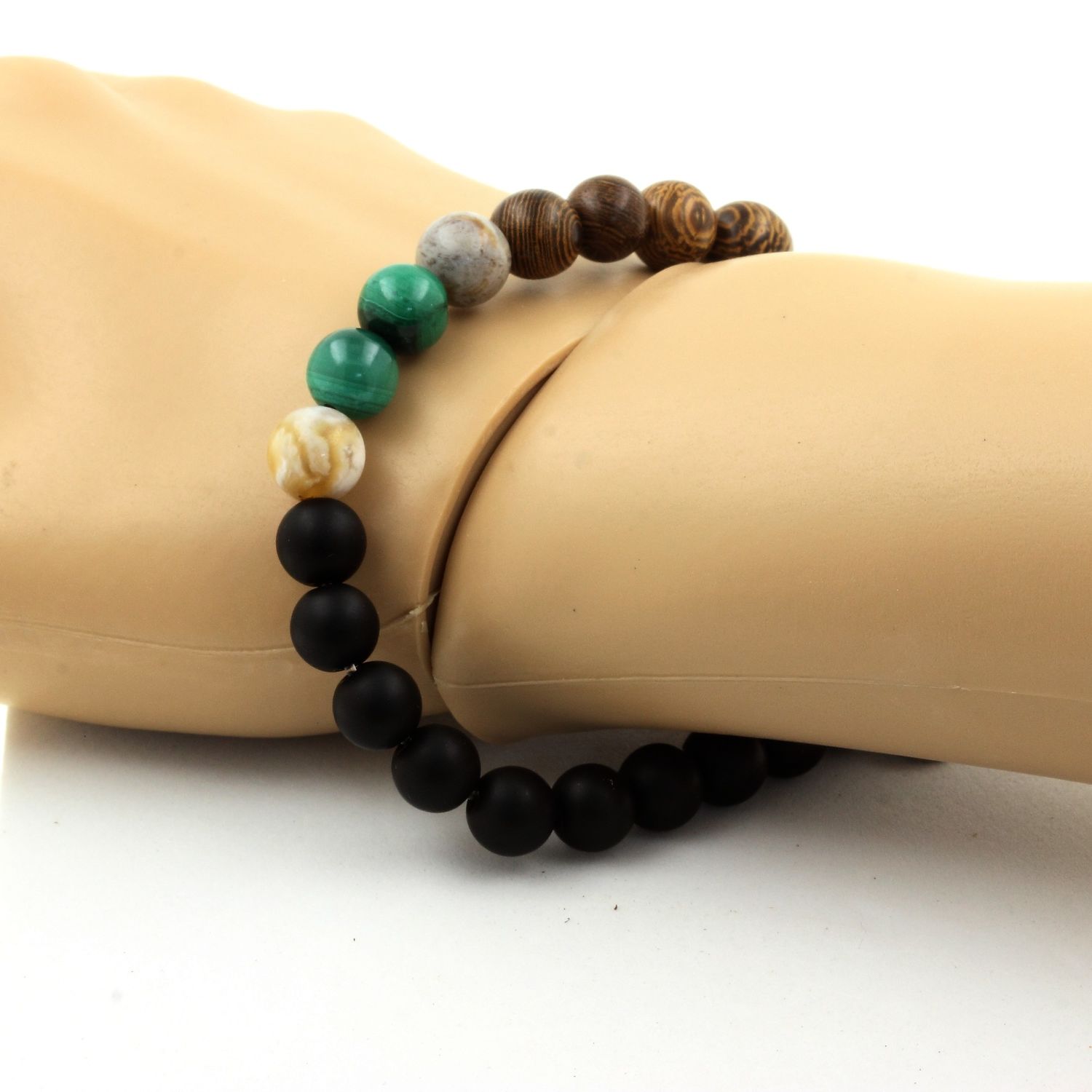 Malachite + Bamboo Leaf Agate + Matte Black Onyx + Wood Bracelet