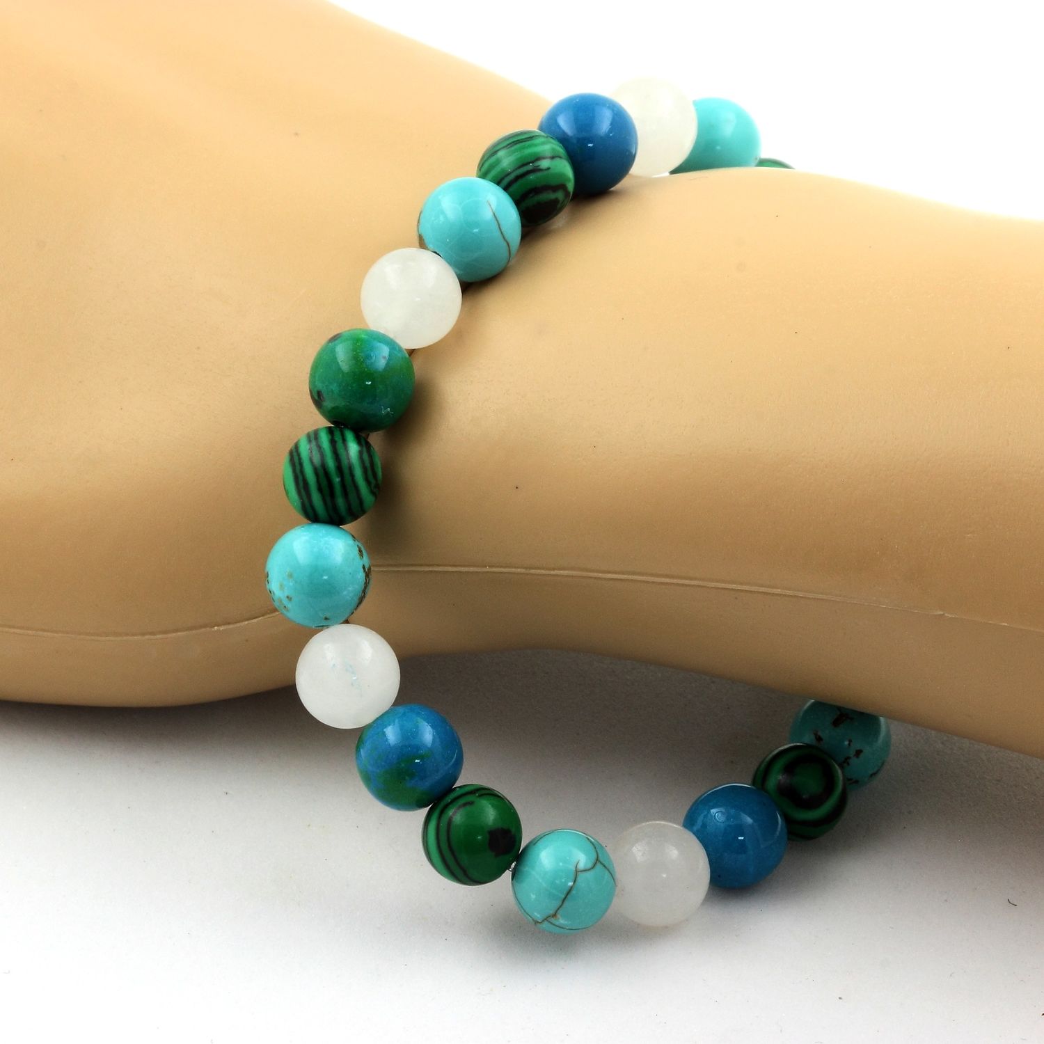 Moonstone + Turquoise + Chrysocolla + Malachite Bracelet 8 mm Beads.