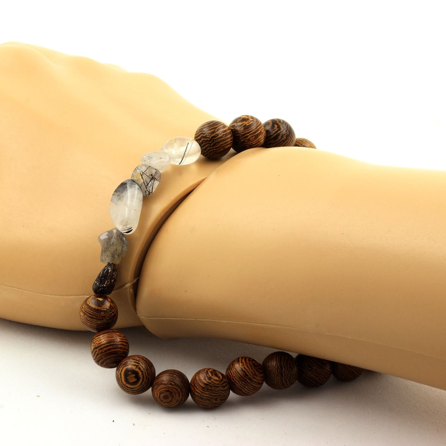 Quartz with Tourmaline inclusions + wood Bracelet 8 mm Beads.