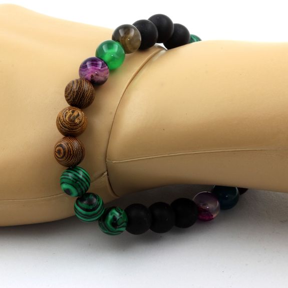 Multicolor Banded Agate + Malachite + Matte Black Onyx + Wood Bracelet